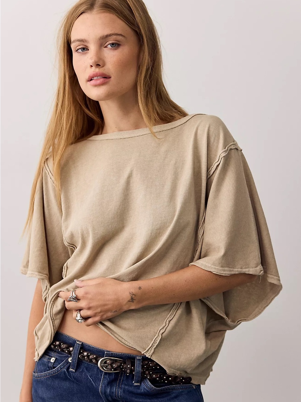 NWOT Free People We the Free Next Level Tee Relaxed Boxy Tan Women's Top XL